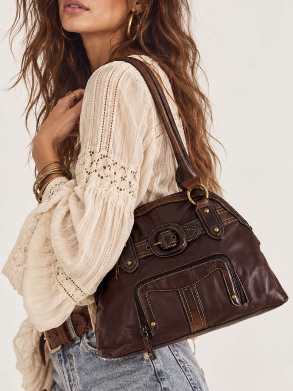 VIINTAGE Genuine Leather Modern Boho Brown Dome Satchel Handbag